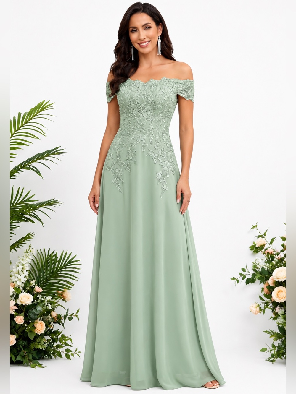 Sage Green Off Shoulder Chiffon Lace Formal Gown NWT Size 4 Wedding Guest